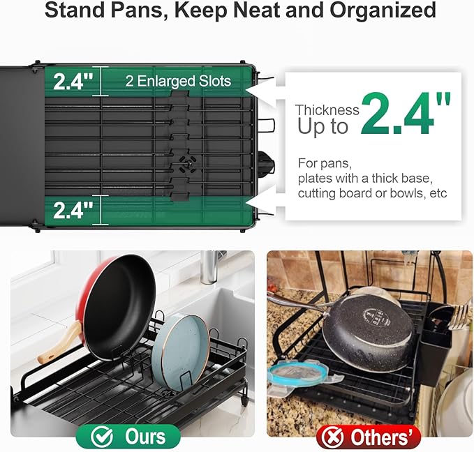 GSlife Large Expandable Dish Drying Rack for Kitchen Counter - Adjustable Dish Drainer with Pans Slots, Rust-Resistant Dish Rack with Utensil Holder and Drainboard, 16.5"-24.4" L x 12.6" W Black