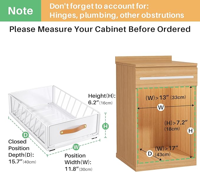 Pull out Cabinet Organizer Fixed with Adhesive Nano Film,Heavy Duty Slide out Pantry Shelves Drawer Storage,Sliding Mesh Basket with Handle for Kitchen, Bathroom,Home, 11.8W"X 15.7D"X6.2"H(4PCS)