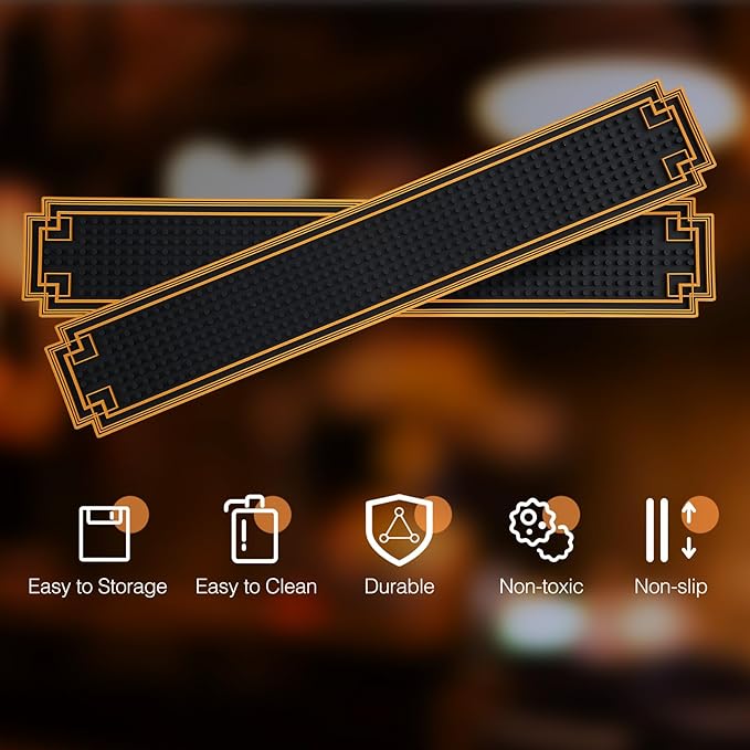 2 Pcs 24 x 4 Inch Bar Mat Non Slip Rubber Mat with Gold Border Durable Stylish Spill Cocktail Service Coffee Mats for Restaurants Barbershop Clippers Bartending, Black