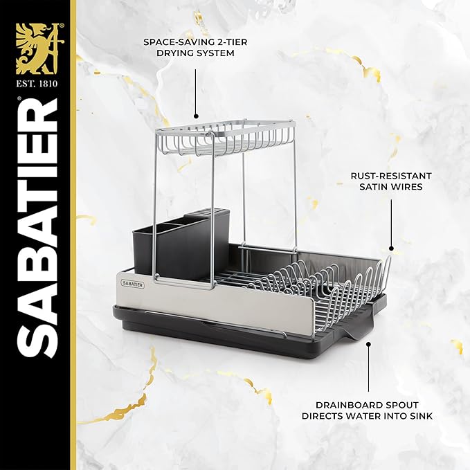 Sabatier Dish Drying Rack with Second Tier, Rust Resistant Wires and Angled Drain Board, Utensil Caddy Compact Dish Drying Rack