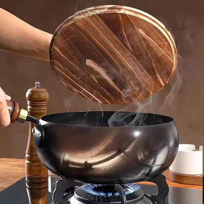 Uncoated Thick Iron Pot, Japanese Iron Pots for Cooking, Uncoating Cast Iron Pot, Hand Forged Iron Pan with Lid Stir Fry Wok Skillet, High Purity Frying Pans for Home Kitchen (Wooden Lid, 11in)