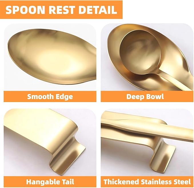 Stainless Steel Gold Kitchen Utensils Set with Holder & Spoon Rest, Durable Kitchen Accessories Includes 6 Cooking Utensils, 1 Hanging Rack,1 Ladle Holder, Easy to Clean, Modern Countertop Décor