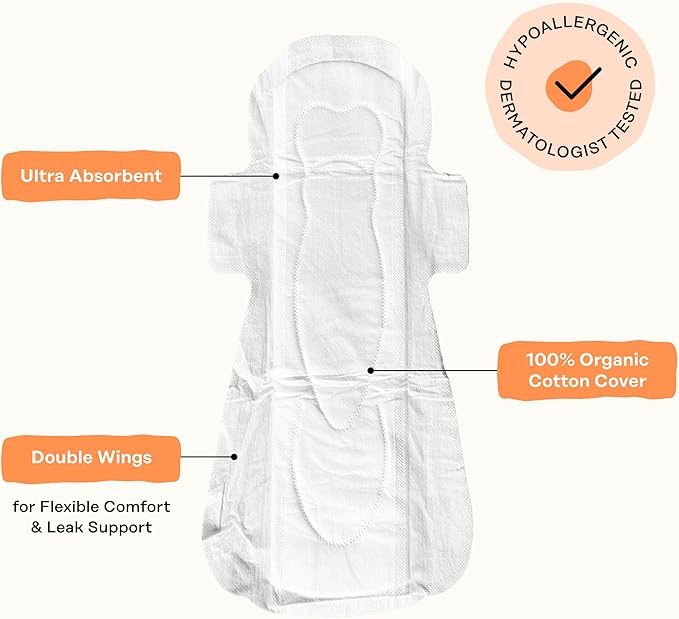 The Honey Pot Company - 64ct - Sanitary Pads for Women - Non-Herbal Heavy Overnight w/Wings - Organic Cotton Cover & Ultra-Absorbent Pulp Core - Feminine Care