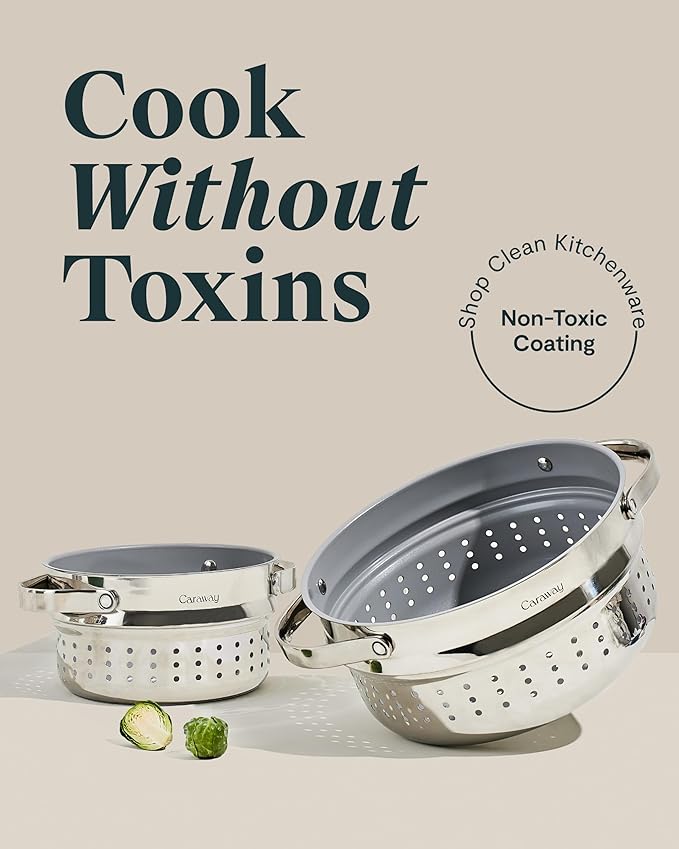 Caraway Small & Large Steamer Set – Made with Handles - Non Stick, Non Toxic Coating - Steam Veggies, Seafood, and More - Compatible With Our Dutch Oven or Sauce Pan – 3qt & 6.5qt - Stainless Steel