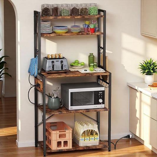 Luckyeestar 5 Tier Kitchen Bakers Rack with Power Outlet，25.2 Inch Metal Storage Shelf for Microwave, Coffee Bar, Spice Organizer, Freestanding Kitchen Cart with Hooks