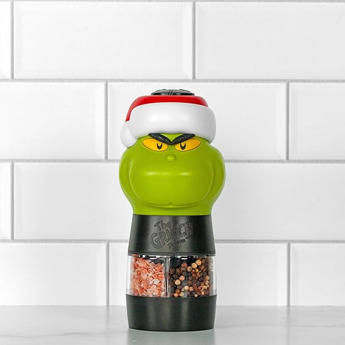 Uncanny Brands Dr. Suess The Grinch Salt and Pepper Grinder – Dual Chamber Electric Mill with Adjustable Coarseness and LED Light – Battery Powered