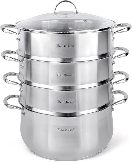 3-Tier Stainless Steel Steamer Pot with Lid Dumpling Steamer Pot for Cooking (3-tiered), Multi-Layer Cookware Pot, Food Vegetable Cooking Pan with Stackable Pan Insert for Vegetable, Dumpling, Meat, Dishwasher safe, Induction Safe (Silver, 9.08-qt. (8....