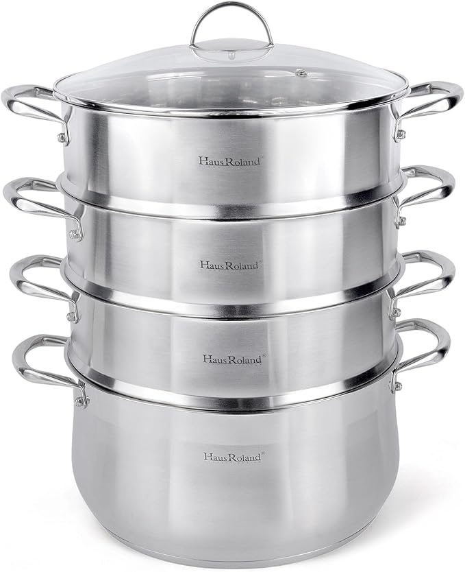 3-Tier Stainless Steel Steamer Pot with Lid Dumpling Steamer Pot for Cooking (3-tiered), Multi-Layer Cookware Pot, Food Vegetable Cooking Pan with Stackable Pan Insert for Vegetable, Dumpling, Meat, Dishwasher safe, Induction Safe (Silver, 10.56-qt. (1...