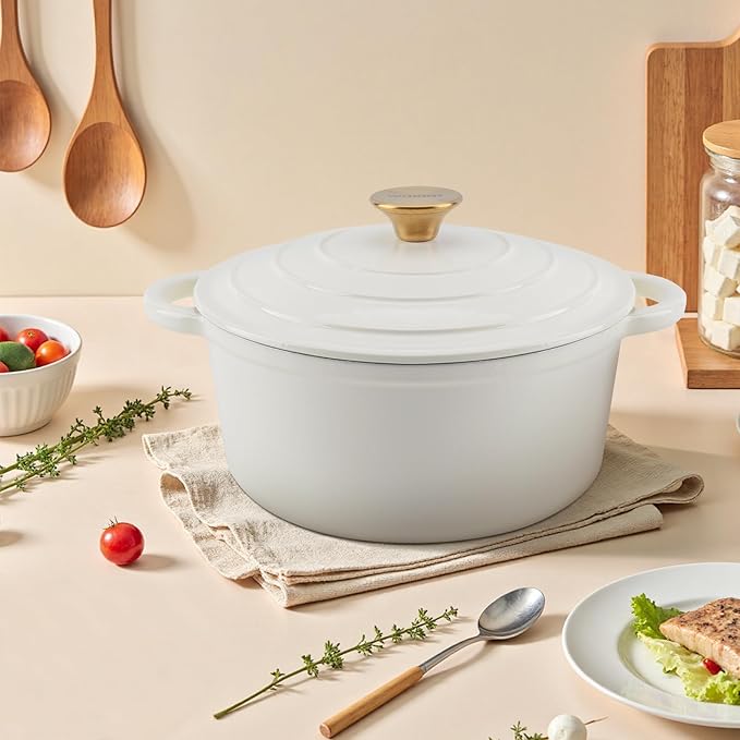 5.5QT Enameled Cast Iron Dutch Oven Pot with Lid,Heavy-Duty Cookware for Sourdough Bread Baking,Braising,Stews,Roasting,Oven Safe up to 500°F,cream