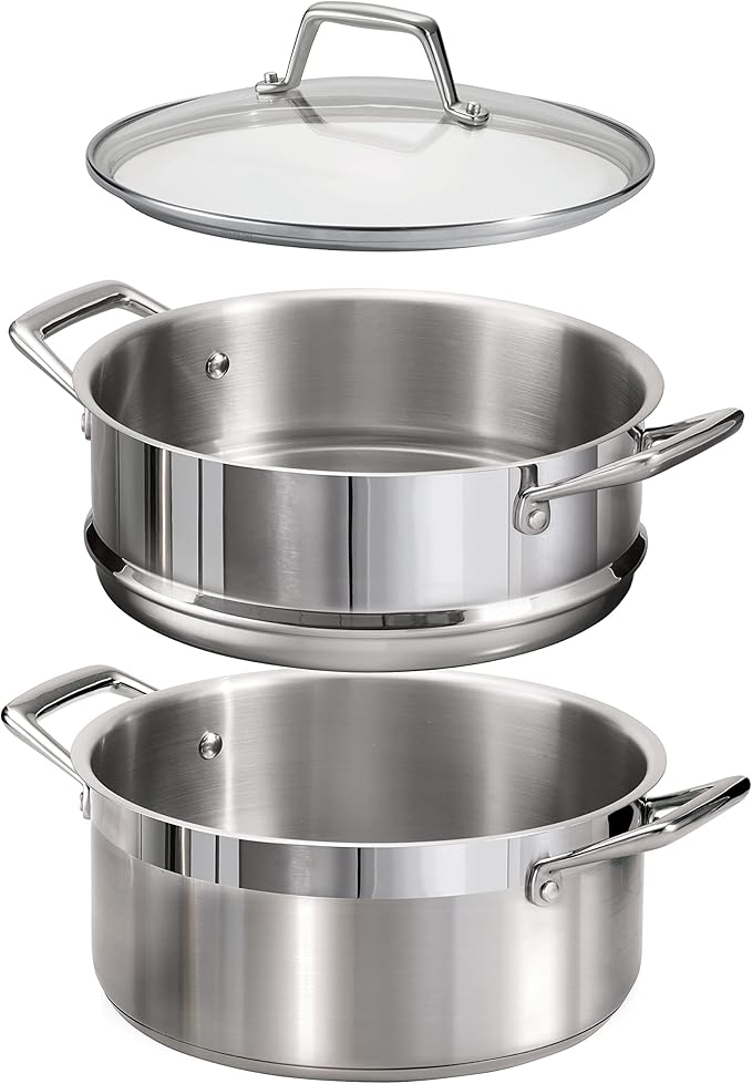 Tramontina Gourmet 5-Quart Steamer Set, Tri-Ply Base Stainless Steel Dutch Oven with Steamer Insert and Glass Lid, Induction-Ready