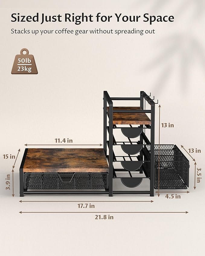 Coffee Bar Organizer - 90 K-Cup Capacity, 3 Hooks, Multi-Tier Storage for Pods, Mugs & Accessories, Tea Bags & Coffee Station Organizer, Space-Saving Kitchen Countertop K-Cup Holder