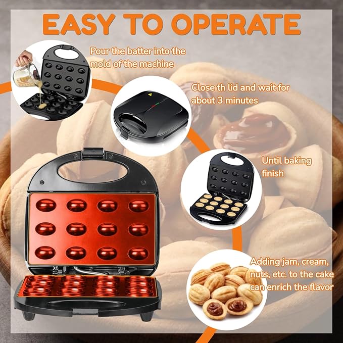 Walnut Cookie Maker 12 Holes, Electric Walnut Cake Mold Maker, Non Stick Oreshki Cookies Maker, Double-side Heating Mini Nut Cookies Maker Machine Oven Cookies Baker Machine