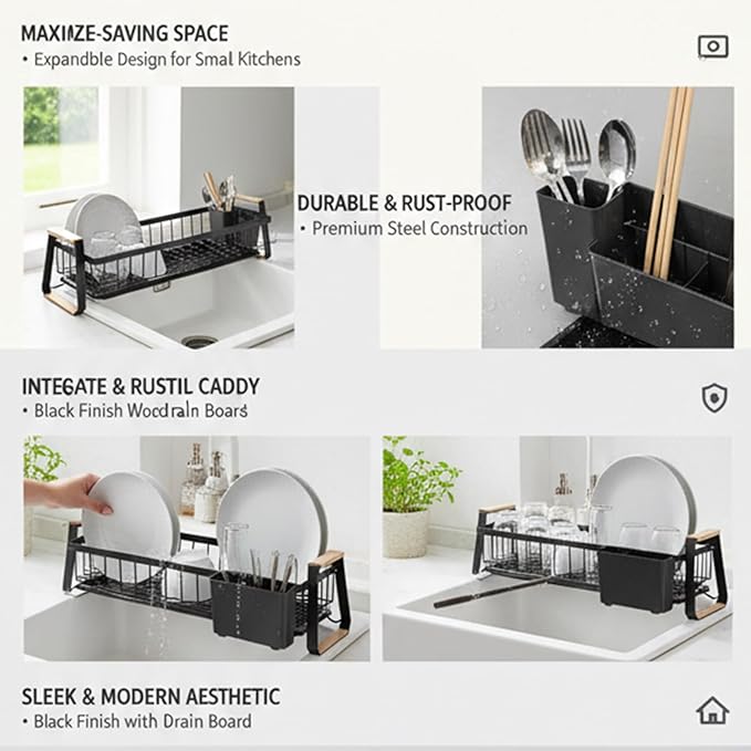 Dish Rack, Over Sink Metal and Wood Dish Drainer with Detachable Drip Tray and Utensil Holder, Space Saving Kitchen Organizer for Countertop (Black)