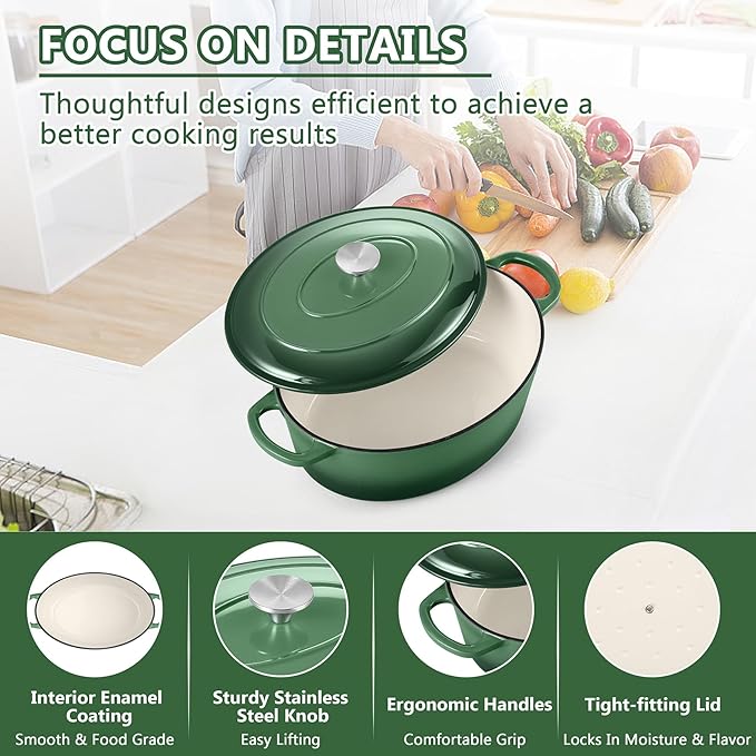 TeamFar 7QT Oval Dutch Oven, Enameled Cast Iron Dutch Oven Pot with Lid, For Bread Baking/Stewing/Braising/Frying, Suitable for Various Stoves, Non-stick & Easy Clean, Basil Green
