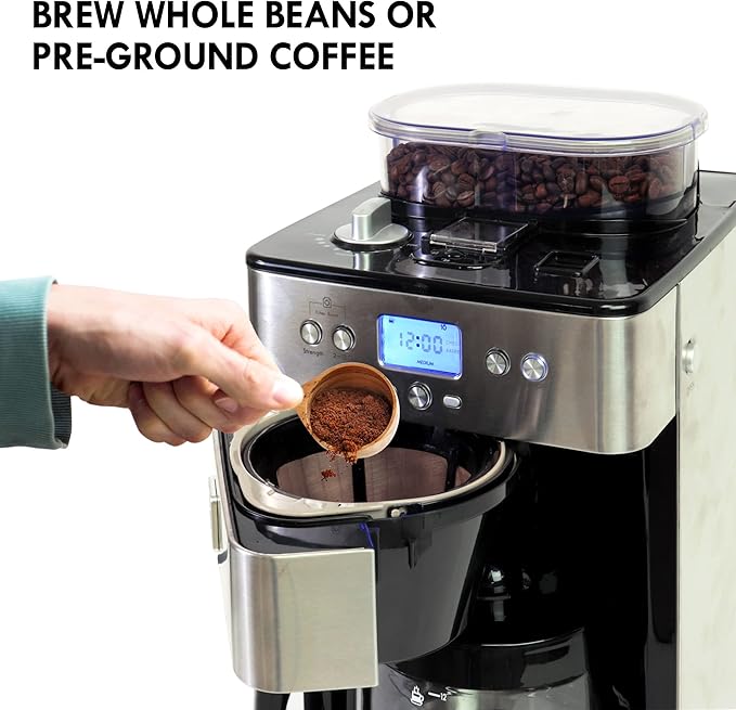 Kenmore Elite Grind and Brew Coffee Maker with Built‑In Burr Grinder, Automatic Drip Machine, 12‑Cup Programmable Brewer, Bean‑to‑Cup Cafetera, Stainless Steel Coffee Maker for Home & Office