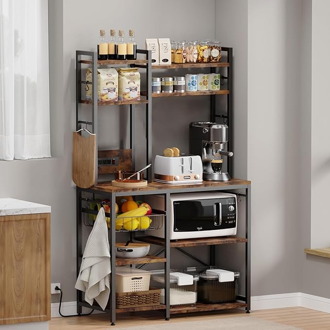 Kitchenshelf Baker’sRack CoffeeBar - , 6-Tier Microwave Stand with Power Outlet, , Coffee Bar with 12 S-Shaped Hooks, Adjustable Feet Pads&150lbs CapacityKitchen Shelf with Wire Basket, Rustic Brown