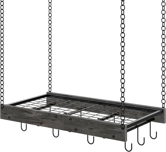 Hanging Pot Rack, Ceiling Mounted Pot Hanger, Vintage Pot Rack for Kitchen, Pot Storage Organizer, with 12 S-Shaped Hooks, for Cookware Storage, Space Saving, Charcoal Black and Black TPR01BC