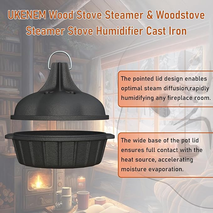 Wood Stove Steamer & Woodstove Steamer Stove Humidifier Cast Iron,2.4 Qt Round Fireplace Humidifier & Simmer Pots with Heart-shaped Vent At The Top Covers (Round-2)
