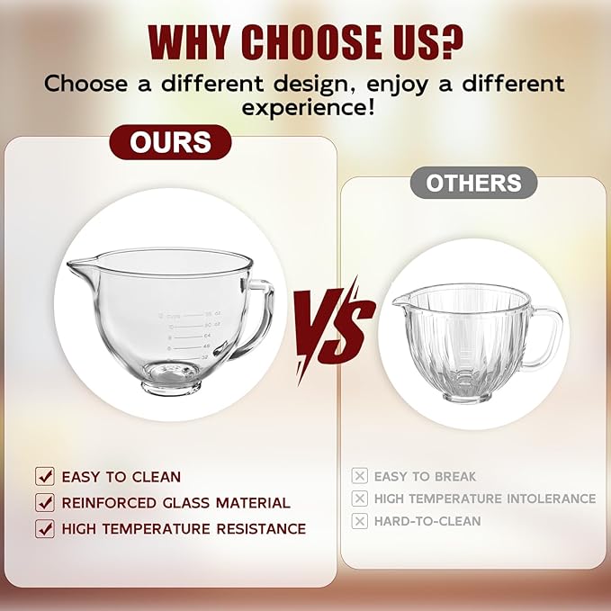 Double-layer Thickened Glass Mixer Bowl For Kitchenaid Tilt-Head Stand Mixers 4.5-5 Quart, 5Qt Mixing Bowl Replacement For Kitchenaid with Measurement Markings & Handle