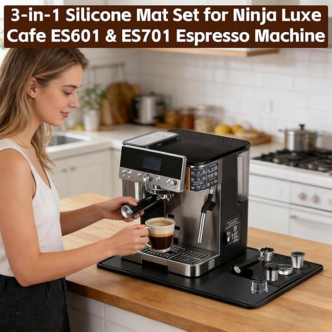 3-in-1 Silicone Mat Set for Ninja Luxe Cafe ES601 & ES701 Espresso Machine– Top Mat, Bottom Sliding Mat & Tamping Station Pad, Full Protection Non-Slip Coffee Machine Accessories (Black)