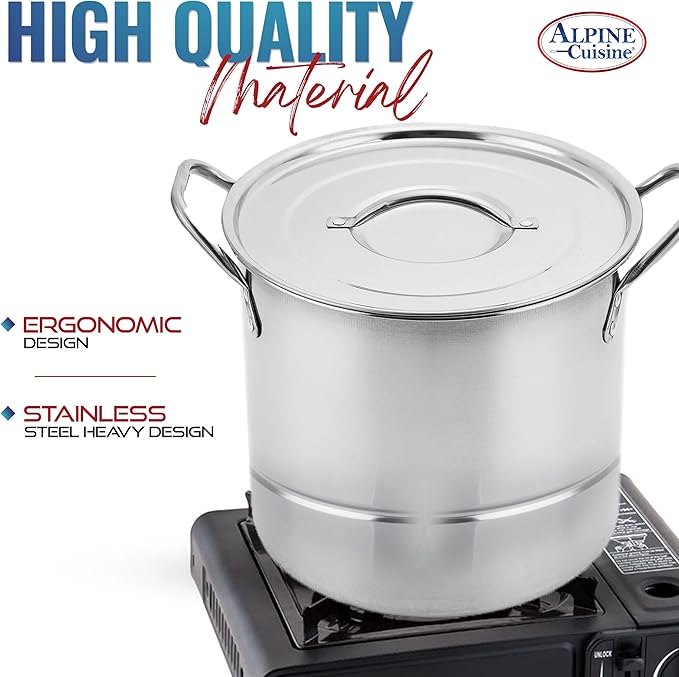 Alpine Cuisine 12-Piece Stainless Steel Stock Pot and Steamer Set – Large Cooking Pots with Lids For Soup, Boiling, Canning, Steaming, Tamales 6.5/9.5/12/16 Quart