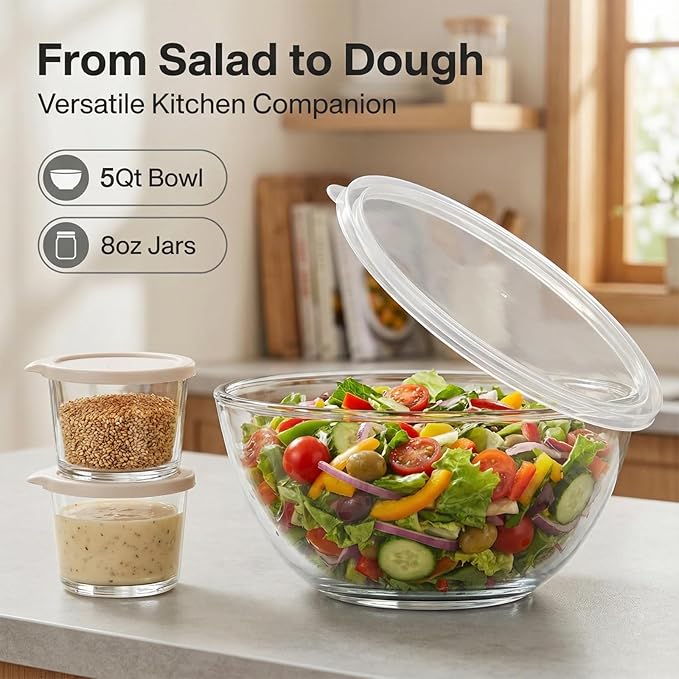 Large Glass Bowl for Sourdough Bread Making with Lid, 5Quart Deep Big Glass Bowl Large Salad Bowl with 8oz Small Bowls(clear)