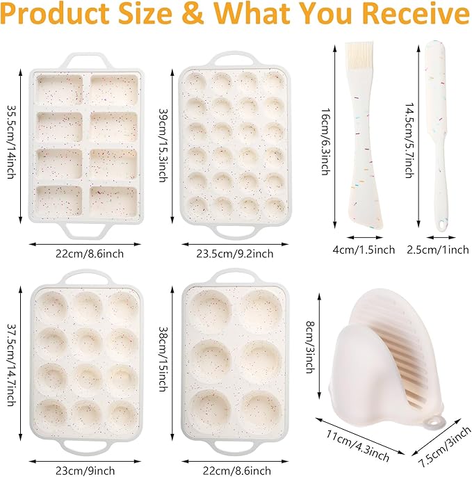 7 Pcs Silicone Baking Pan Set with 4 Molds (Loaf, Muffin, Mini Muffin, Round), Spatula, Dual-head Pastry Brush Oven Mitts Nonstick for Cupcakes Brownies Bread, Confetti Design