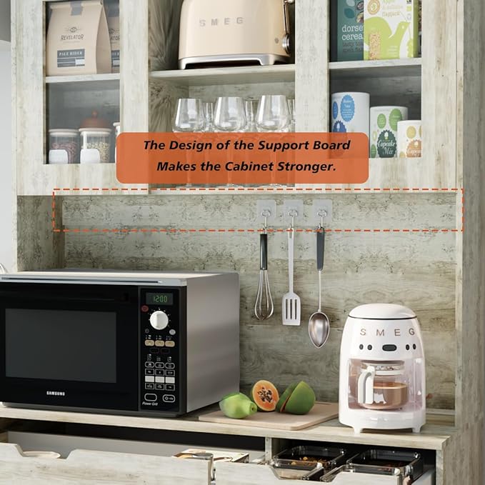 71" Tall Kitchen Pantry Storage Cabinet Large Farmhouse Hutch Cabinet with Microwave Stand, Charging Station, Adjustable Shelves, Countertop for Dining Room, Living Room, Grey
