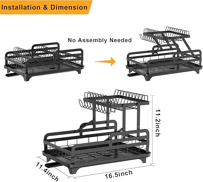 2 Tier Metal Dish Drying Rack Without Installation Sturdy Dish Racks for Kitchen Counter with Drain Board Multifunctional Storage and Drainage Apartment Essentials Medium Size