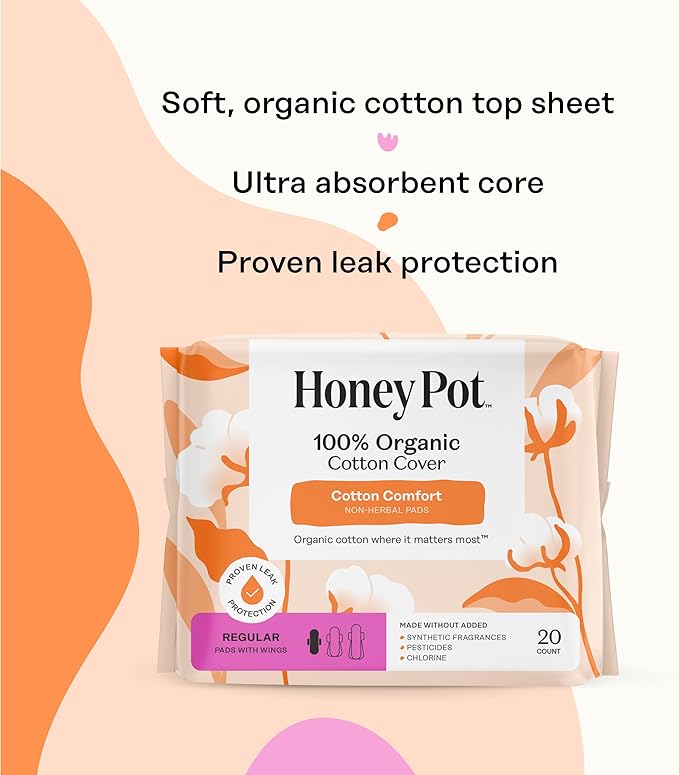The Honey Pot Company - 80 ct - Sanitary Pads for Women - Non-Herbal Regular Flow w/Wings - Organic Cotton Cover & Ultra-Absorbent Pulp Core - Feminine Care