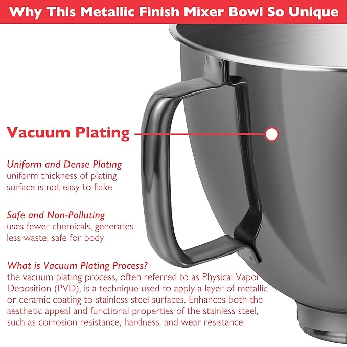 5 Quart Metallic Finish Stainless Steel Mixer Bowl for KitchenAid Classic&Artisan Series 4.5-5 QT Tilt-Head Mixer, Gray Color, Silicone Scraper, Dishwasher Safe, Fit K45SS KSM75 KSM90 KSM150