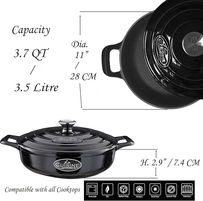 La Cuisine Enameled Cast Iron Braiser Saute Pan Shallow Casserole with lid, 3.75 Quart (QT) 11" Diameter Matte Black Enamel Coating Interior, Glossy Black Porcelain Enamel Coating Exterior
