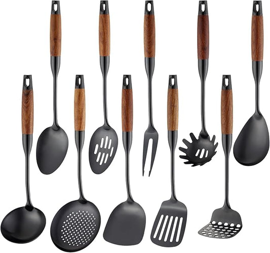 Stainless Steel Kitchen Utensils Set with Wood Handle, 18/10 Metal Cooking Utensils Set, 10 Piece - Spatula, Spoon, Ladle, Skimmer, Slotted Turners, Pasta,Turner, Ladl, Fork