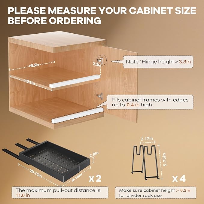 2 Pack Pull out Cabinet Organizer 21" Deep With Raising Pad for Framed Cabinets, Expandable (9"-14" W) Slide out Drawers for Kitchen Cabinets with 4pcs Divider Racks, Roll out Shelves, Black