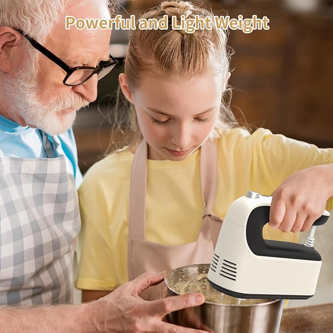 9-Speed Digital Hand Mixer Electric, 400W Powerful DC Motor, Hand Mixer Electric Handheld with Snap-On Storage Case, 5 Stainless Steel Accessories, Beaters, Dough Hooks, Whisk(Creamy/Black)