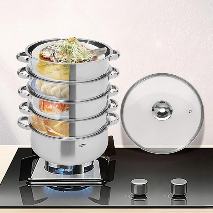 5-Layer Stainless Steel Steamer, 28CM Commercial Food-Grade Steamer Cookware Steaming Pot Tool w/Glass Lid Foods Steamers for Induction Cookers, Electric Ceramic Stoves, Gas Stoves (Silver, 28CM)