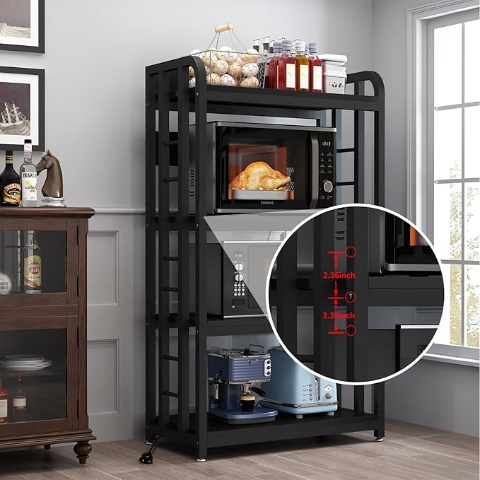 Bakers Rack with Power Outlet ，Microwave Stand 4-Tier Kitchen Baker's Rack, Free Standing Baker's Rack Kitchen Stands with Storage Suitable for Kitchen, Living Room, Dinning Room，Coffee Bar (Black)