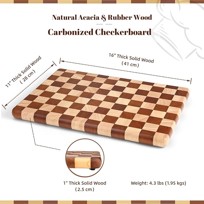 Checkered Cutting Board for Kitchen, 16"L x 11"W x 1"Th – Wooden Chopping, Cheese & Charcuterie Board in Acacia Wood, Butcher Block Serving Tray for Meat, Fruit, Bread & Vegetables