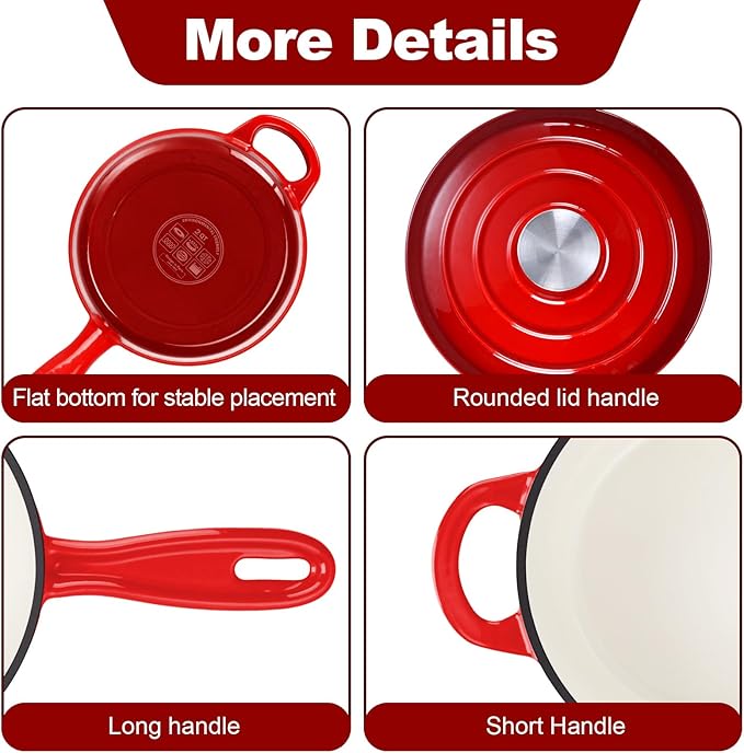 HaSteeL 2 QT Cast Iron Saucepan, Mini Enamel Dutch Oven with Lid, Small Non Stick Pan for Milk, Pasta Tomato Sauce, Butter, Breakfast, Soup, Suitable for Boiling Stewing Frying, Easy to Clean, Red
