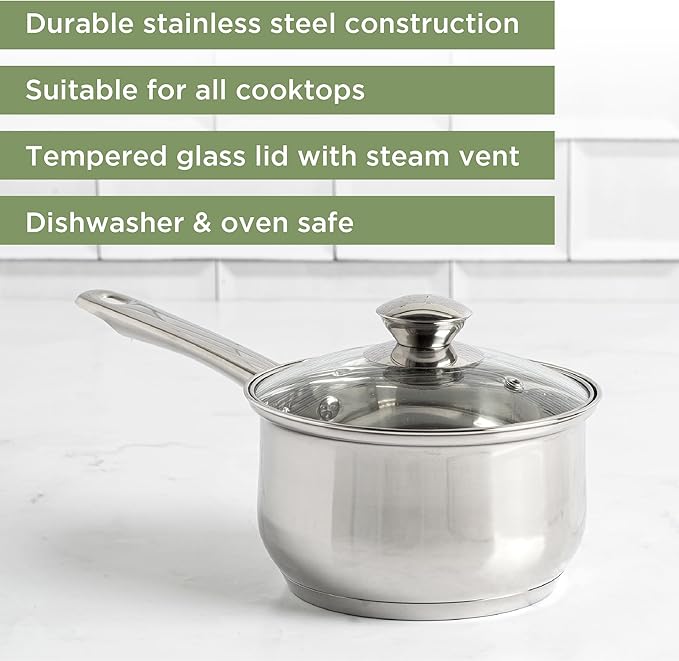 Ecolution Stainless Steel Sauce Pan, Encapsulated Induction Ready Cooking Pot with Glass Lid, Oven Safe, Dishwasher Safe Soup Pot, 2-Quart