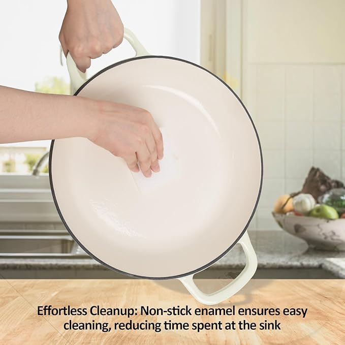 Enameled Cast Iron Dutch Oven, 3.8 Quart Pot With Lid, Non-Stick, Round, Oven Safe up to 500F for Marinate, Cook, Bake, Refrigerate and Serve - Cream White