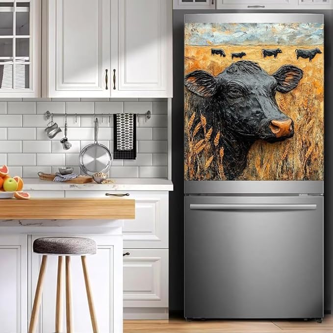 Black Cow in Wheat Field Dishwasher Magnet Cover, Rustic Farm Animal Refrigerator Magnetic Vinyl Sticker for Dishwasher Door, Decorative Kitchen Appliance Panel Decal, 23Wx26H Inches