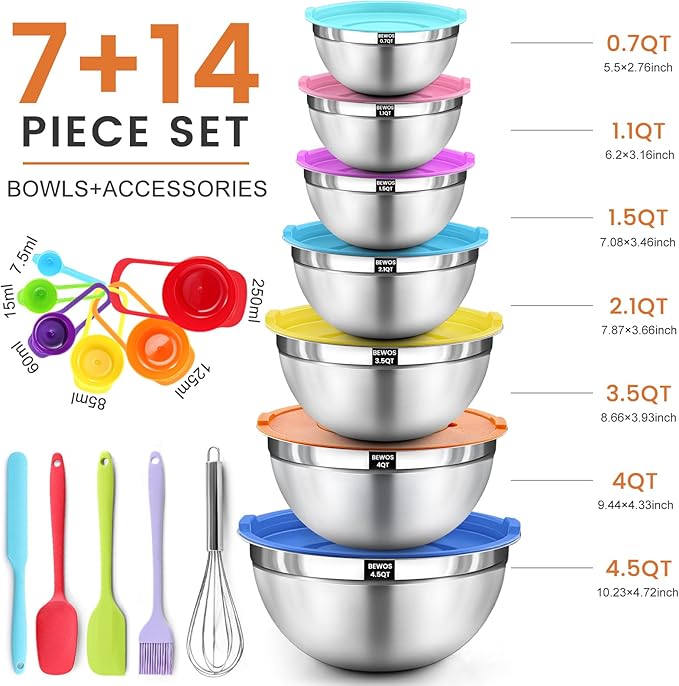 BEWOS 21 Pcs Mixing Bowls with Lids - 7 Stainless Steel Bowls, 3 Graters, 11 Practical Kitchen Accessories, Dishwasher Safe, Ideal for Baking, Meal Prep & On-the-Go, Easy to Store
