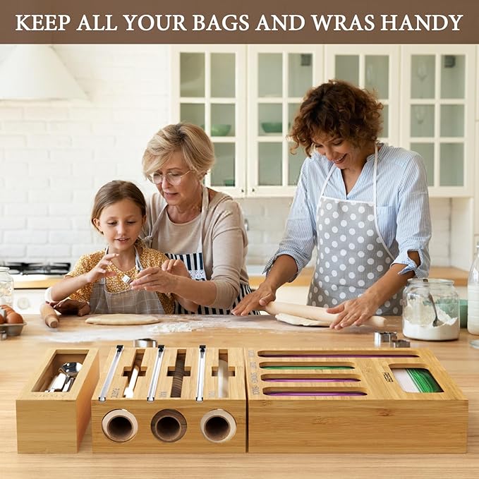 9 IN 1 Bamboo Foil and Plastic Wrap Organizer for Kitchen Drawer, Plastic Bag Organizer Organization and Storage, Food Storage Bag Organizer with Labels for Quart Gallon Snack Sandwich Bag