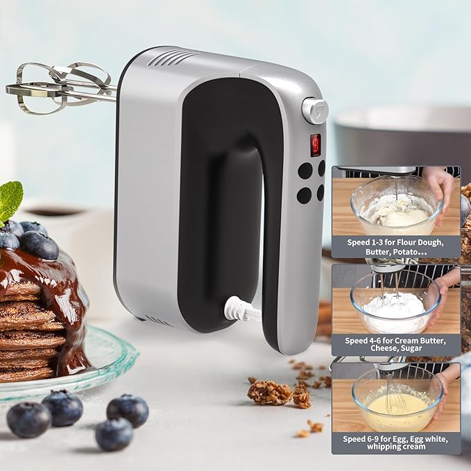 9-Speed Digital Hand Mixer Electric, 400W Powerful DC Motor, Hand Mixer Electric Handheld with Snap-On Storage Case, 5 Stainless Steel Accessories, Beaters, Dough Hooks, Whisk(Silvery Black)