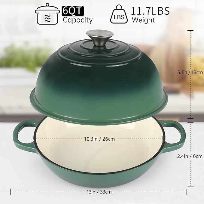 Enameled Cast Iron Bread Oven, Dutch Oven Pot with Lid, 10" Bread Dutch Oven for Sourdough Bread Baking, 6 Quarts Bread Pan with Dome Lid, Non-stick Cookware for Homemade Bread, Green
