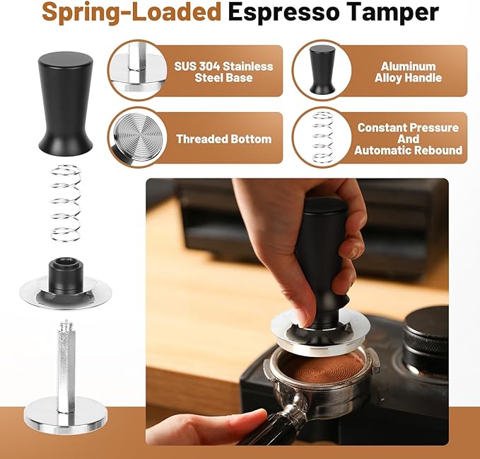 51mm Espresso Tamper Kit - Spring-loaded Coffee Tamper, Adjustable Depth Espresso Distributor Leveler, Magnetic Dosing Funnel Aluminum Metal, Reusable Puck Screen, Fit Delonghi 51mm Portafilters