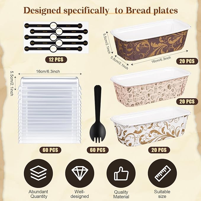 60 Pcs 6.3 x 2.1 x 2.1 Inches Paper Loaf Pan Disposable Paper Baking Pan with Lids for Cake Bread Oven Loaf Bakery Holiday Wedding Halloween Christmas Thanksgiving Gifts
