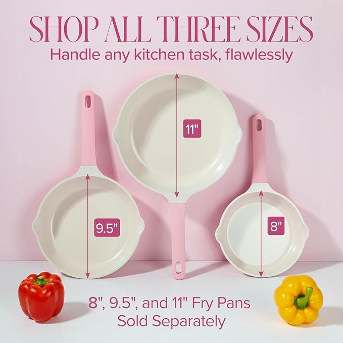 Paris Hilton Ceramic Cast Aluminum Nonstick Fry Pan, Fast & Even Heating with Easy Pour Spouts & Comfort-Grip Handle, 11-Inch, Pink
