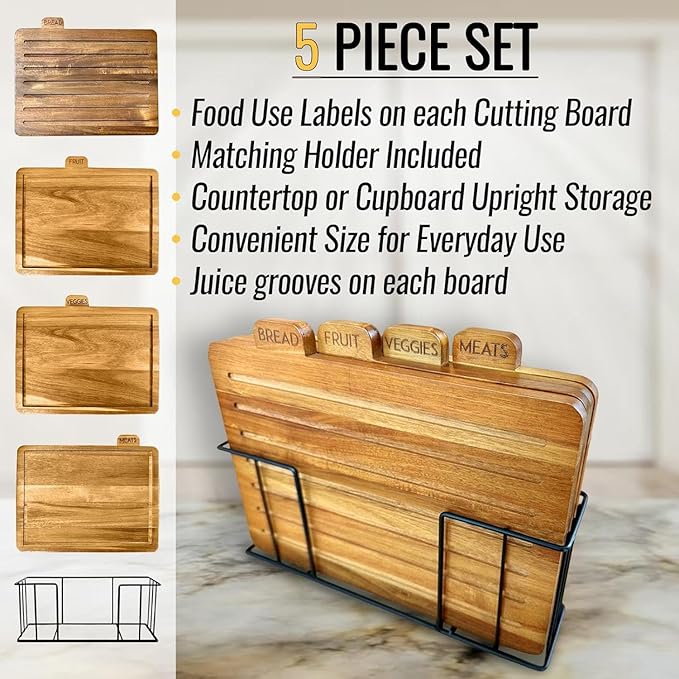 Acacia Cutting Boards for Kitchen with Holder 13" x 11" x 2.5" | Labeled Wood Cutting Board Sets | Large Wooden Cutting Board Set of 4 with Black Organized Stand | Non Toxic Chopping Board